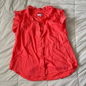 Cupio 100% Cotton Coral Orange Ruffles Short Sleeve Button Down Shirt Top Size S